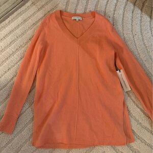 White + Warren V-Neck Cashmere Orange Sweater NWT